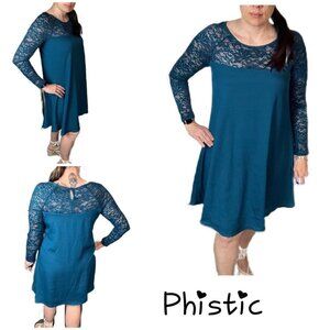 Phistic teal oversized lace trim long sleeve shift dress